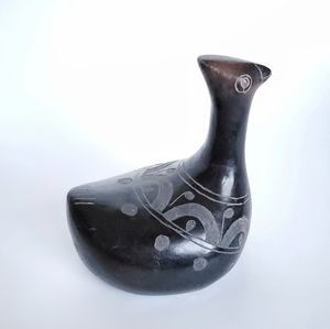 Black Clay Bird Figure, Vintage Mexican Pottery, Vtg Signed Folk Art Hand Etched